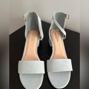 Blue, low block heels.